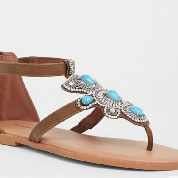 Torrid Brown T strap thong sandals turquoise & rhinestones accents size 13 - Picture 10 of 11